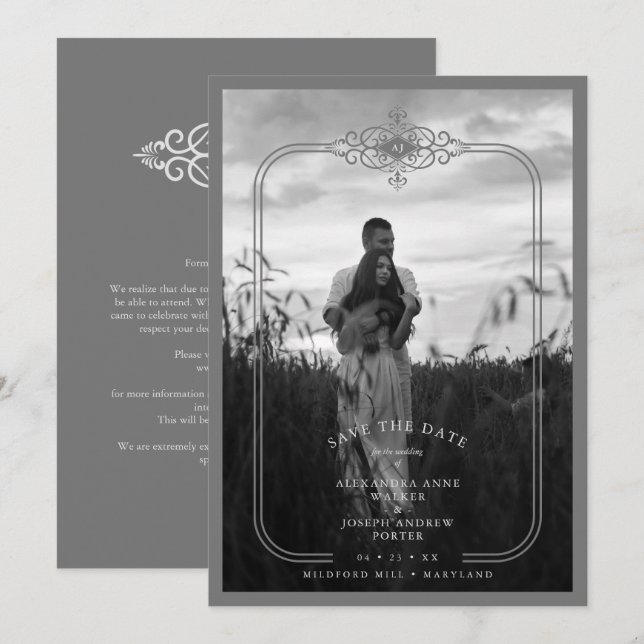 Grey Trendy Lace Flourish Initials Wedding Photo Spara Datumet (Fram/baksida)