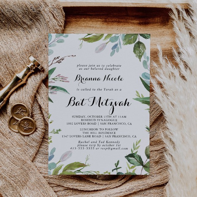 Grey Tropical Modern Calligraphy Bat mitzvah Inbjudningar (Skapare uppladdad)