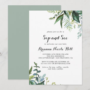 Grey Tropical Modern Calligraphy Sip and See Inbjudningar