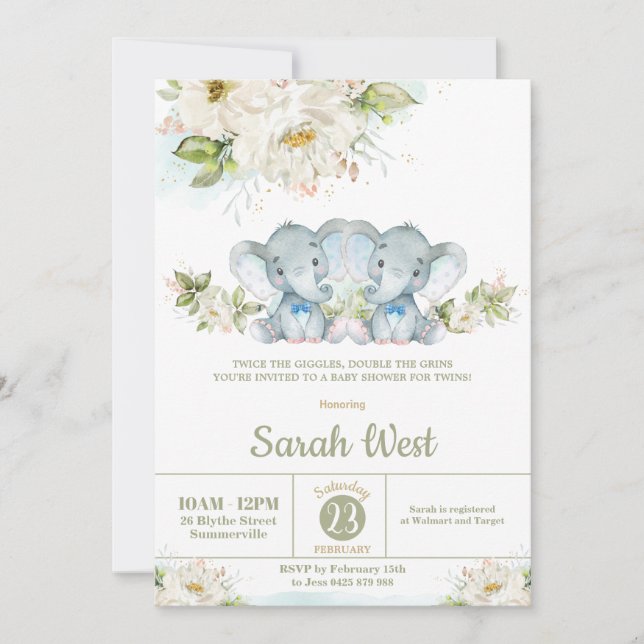 Grey Twillingars Elephant Twin Boys Baby Shower Inbjudningar (Framsida)