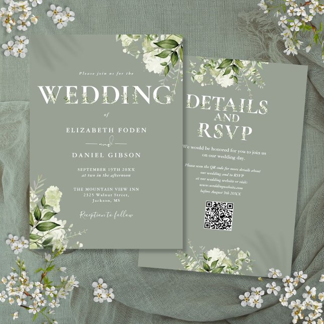 Grey Typography QR Code Sage Grönt Bröllop Inbjudningar (Greenery Typography QR Code Sage Green Wedding Invitation)