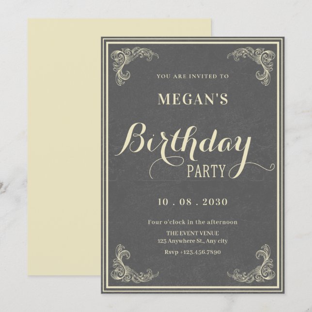 Grey vintage elegant birthday  inbjudningar (Fram/baksida)