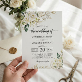 Grey Vit ros Blommigt Guld Löv Bröllop Inbjudningar