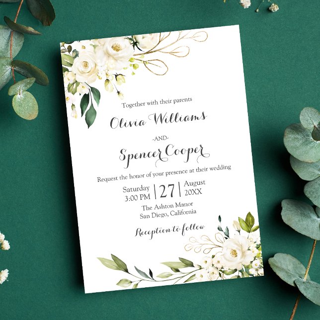 Grey Vit ros Blommigt Guld Löv Bröllop Inbjudningar (Floral Wedding Invitation)