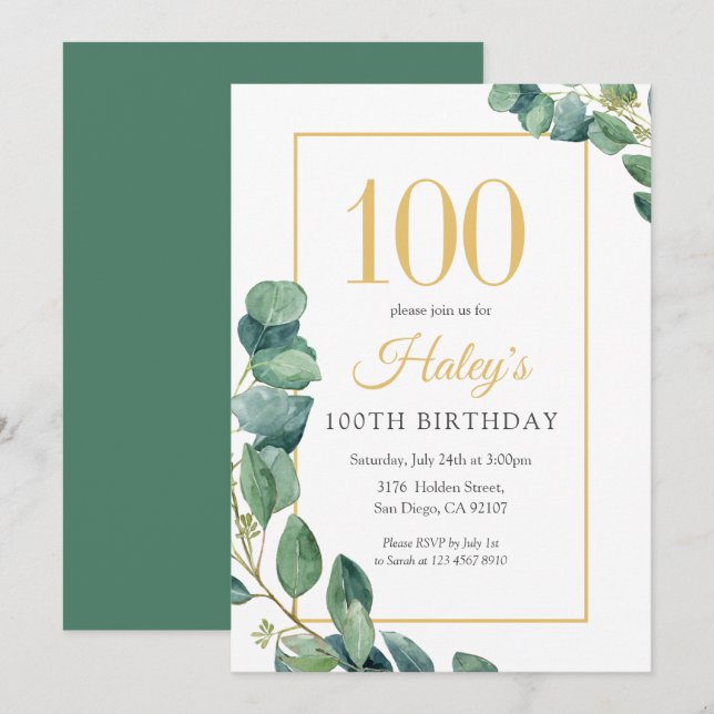 Grey Wandeine Chic Guld & Sage 100 Birthday Inbjudningar (Fram/baksida)