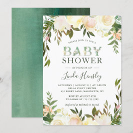 Grey Watercolor Blommigt Typography Baby Shower Inbjudningar