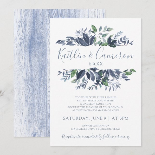 Grey Wedding-inbjudningar - Dusty Blue & Grönt Inbjudningar (Fram/baksida)