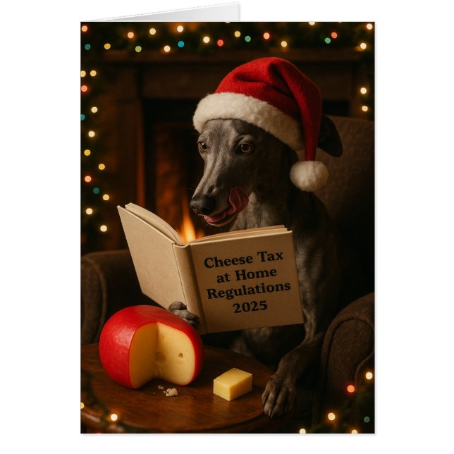 Grey Whippet 'Cheese Tax' Christmas greetings card Hälsningskort (Framsidan)