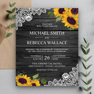 Grey Wood Lace Sunflower Budget Wedding Invitation