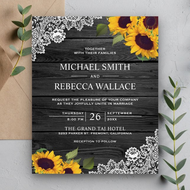 Grey Wood Lace Sunflower Budget Wedding Invitation (Skapare uppladdad)