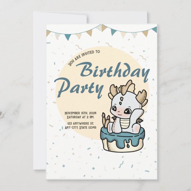 Grey Yellow Pastel Baby Dragon Birthday Invitation Inbjudningar (Framsida)