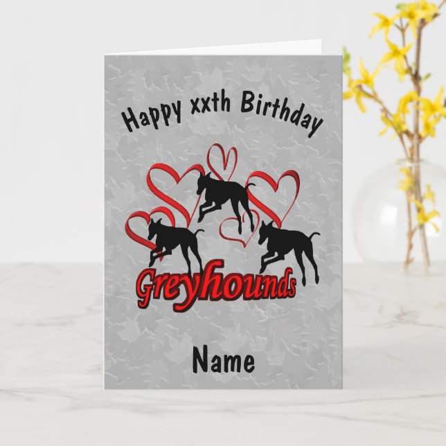 Greyhound and Red Hearts Birthday Kort (Gul blomma)