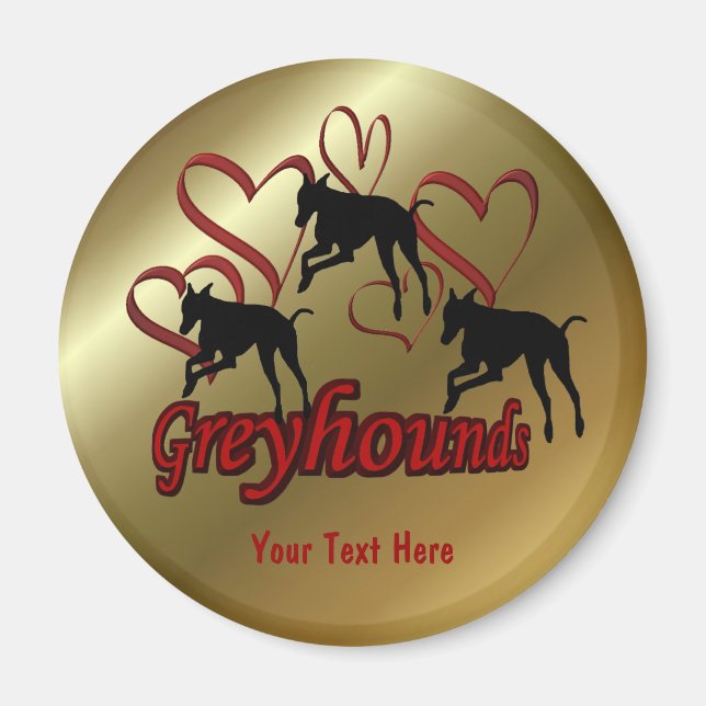 Greyhound and Red Hearts Hund Magnet (Framsidan)
