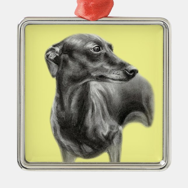 Greyhound charcol teckning julgransprydnad metall (Framsidan)