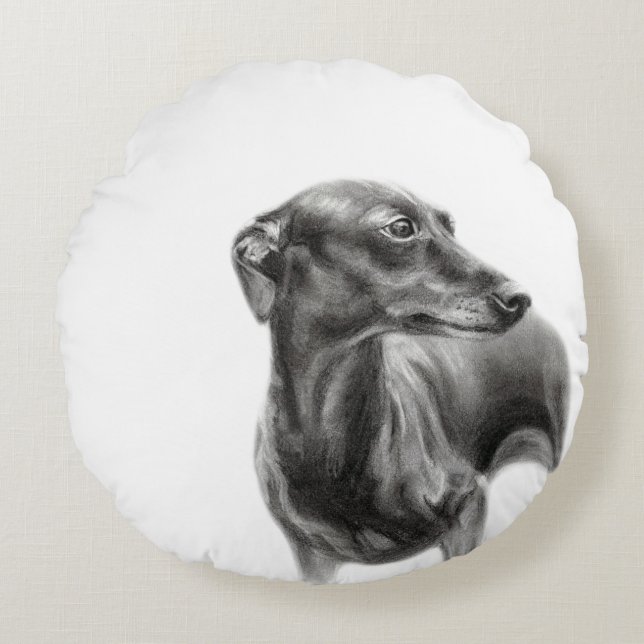 Greyhound Charcol Teckning Rund Kudde (Framsidan)