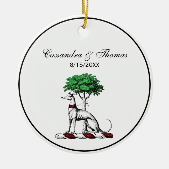 Greyhound-disposition med Träd Heraldic Vapensköld Julgransprydnad Keramik (Framsidan)