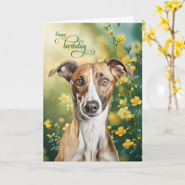 Greyhound Dog Tiny Yellow Flowers Birthday Kort (Gul blomma)