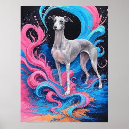  Greyhound Drawing w Water Splash Color Background Poster