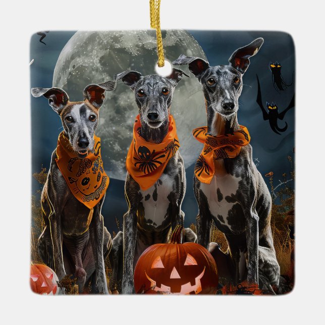 Greyhound Halloween Spooky Julgransprydnad Keramik (Framsida)