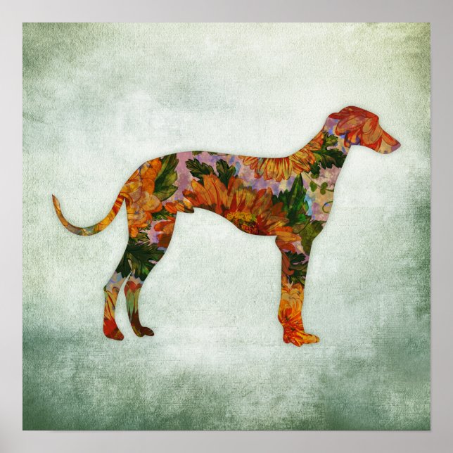 Greyhound Hund Art Print Blommigt Poster (Framsidan)