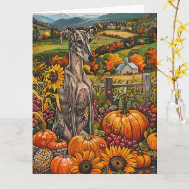 Greyhound Hund Autumn Harvest Thanksgiving Kort (Gul blomma)
