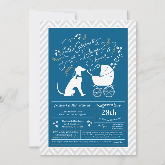 Greyhound Hund Baby Shower Boy Blue Inbjudningar (Framsida)