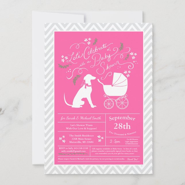 Greyhound Hund Baby Shower Girl Rosa Inbjudningar (Framsida)