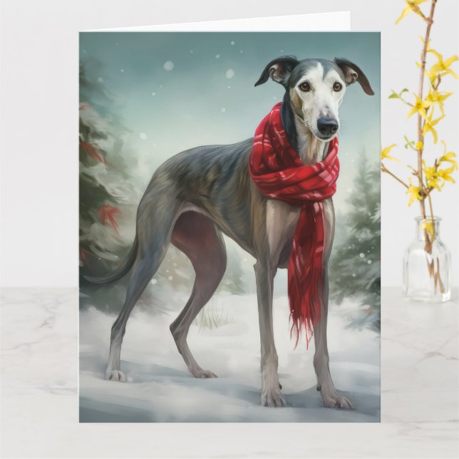 Greyhound Hund i Snö Jul Kort (Gul blomma)