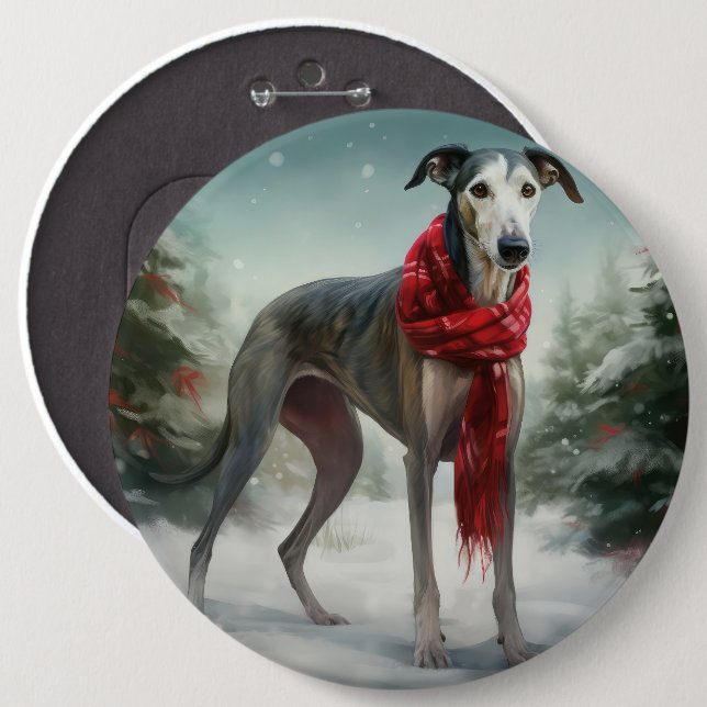 Greyhound Hund i Snö-julen Knapp (Framsida & baksida)