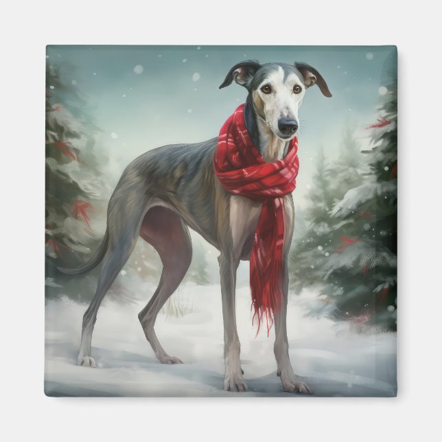 Greyhound Hund i Snö-julen Magnet (Framsidan)