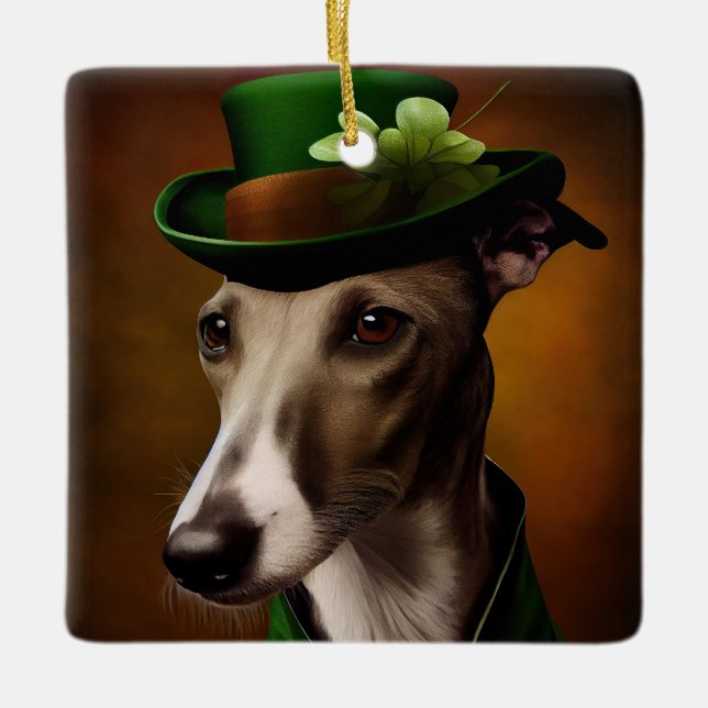 Greyhound Hund i St. Patrick Dress Julgransprydnad Keramik (Framsida)