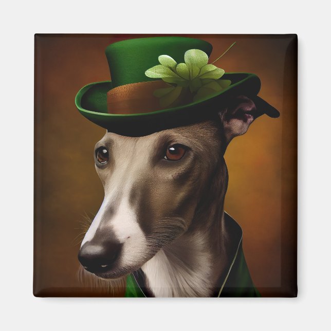 Greyhound Hund i St. Patrick Dress Magnet (Framsidan)