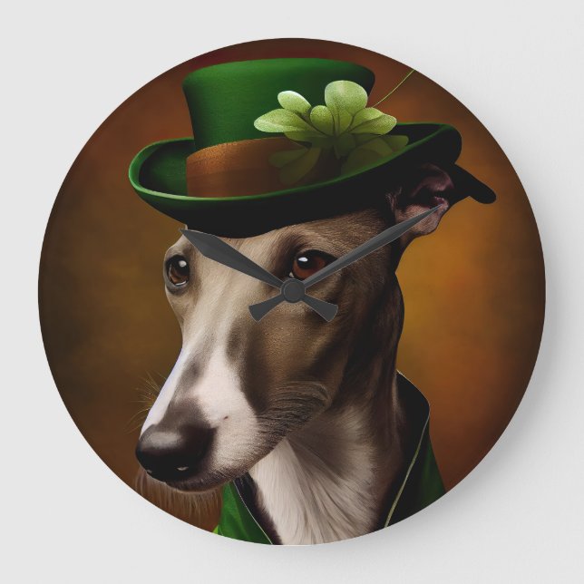 Greyhound Hund i St. Patrick Dress Stor Klocka (Framsida)