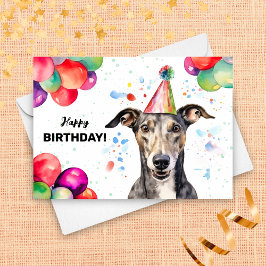 Greyhound Hund med Balloons och Party Hat Birthday Kort