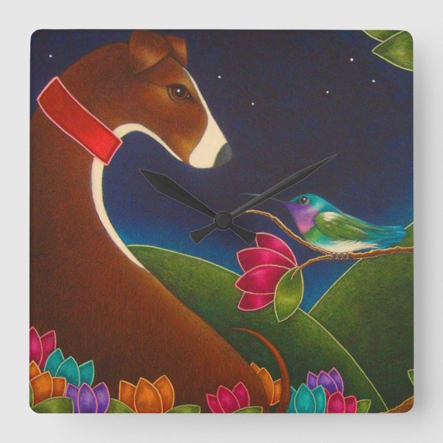 GREYHOUND HUND MED HUMINGBIRD WALL CLOCK FYRKANTIG KLOCKA (Framsida)