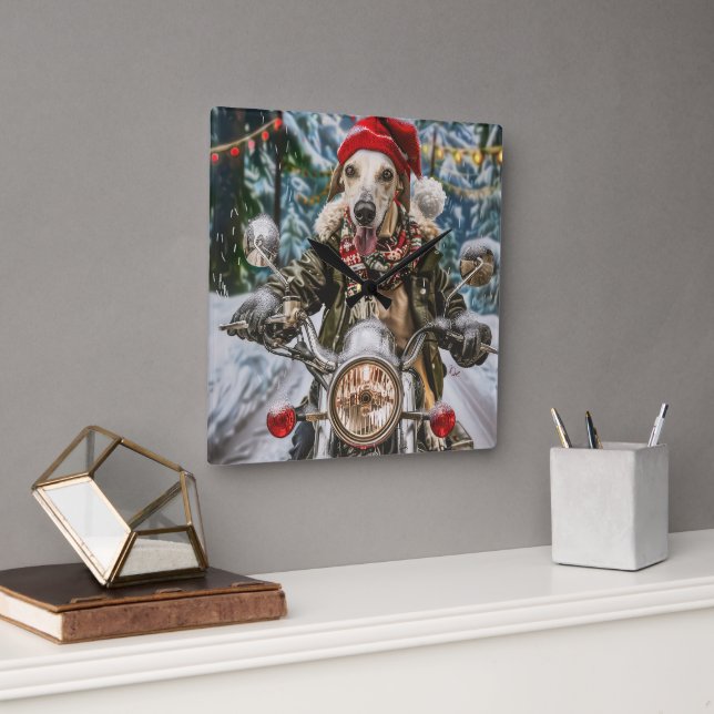 Greyhound Hund Riding Motorcykel jul Fyrkantig Klocka (Kontor)