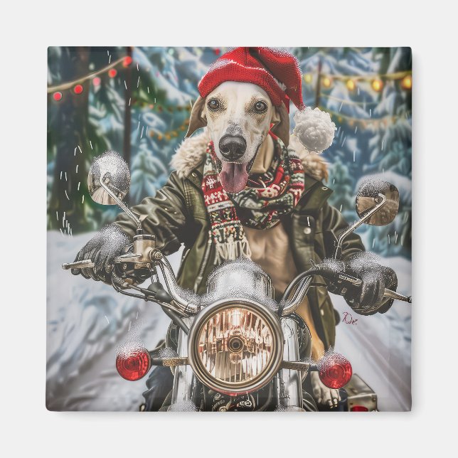 Greyhound Hund Riding Motorcykel jul Magnet (Framsidan)