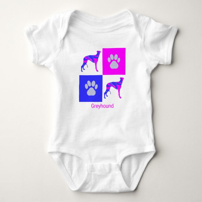 Greyhound Hund & Tass Rosa och Blue Baby Bodykosty T Shirt (Framsida)
