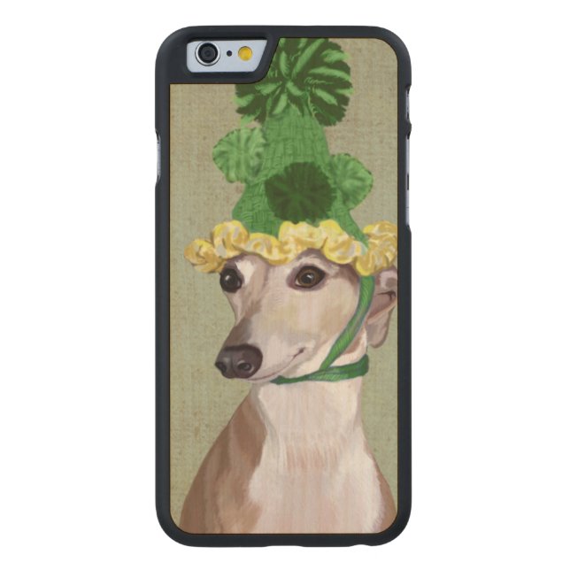 Greyhound i Grönt Knittkunnig Hat Carved Wood iPhone Skal (Baksidan)