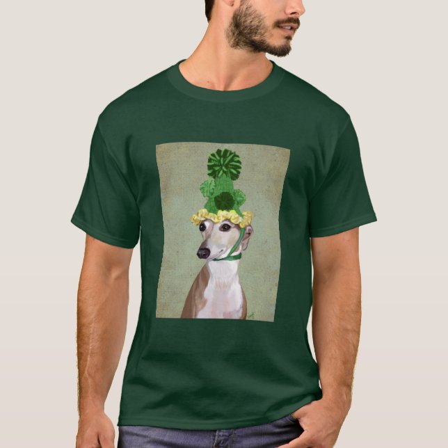 Greyhound i Grönt Knittkunnig Hat Tee Shirt (Framsida)
