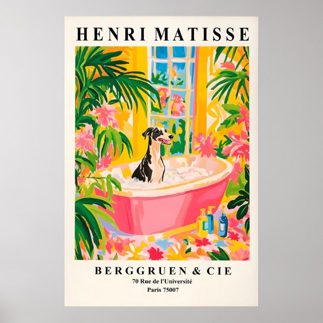 Greyhound in Bathtub Art Print Funny Matisse Style Poster (Framsidan)
