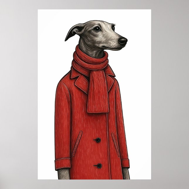 Greyhound in Winter Coat, Stylized Drawing Poster (Framsidan)