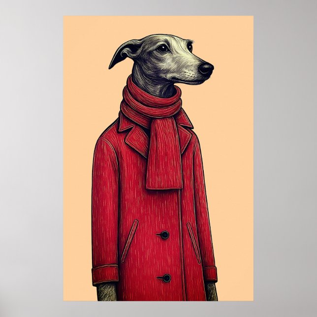 Greyhound in Winter Red Coat, Stylized Drawing Poster (Framsidan)