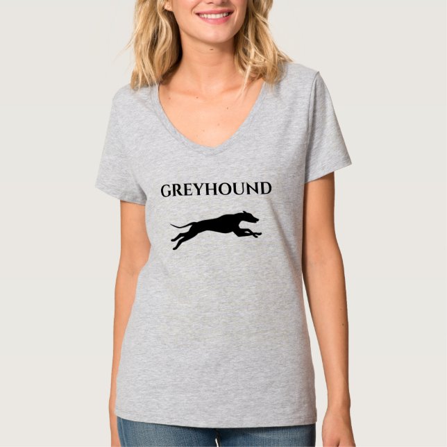 GREYHOUND-kvinnors t-shirt v-nacke. (Framsida)