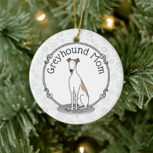 Greyhound Mamma (fawn white) Cute Hund Funny Julgransprydnad Keramik