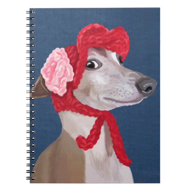 Greyhound med Red Wooly Hat Anteckningsbok Med Spiral (Framsidan)