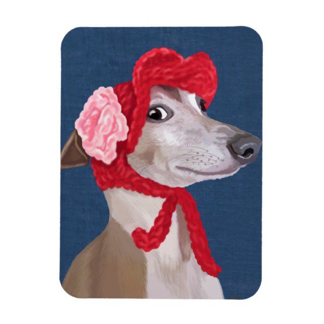 Greyhound med Red Wooly Hat Magnet (Vertikal)