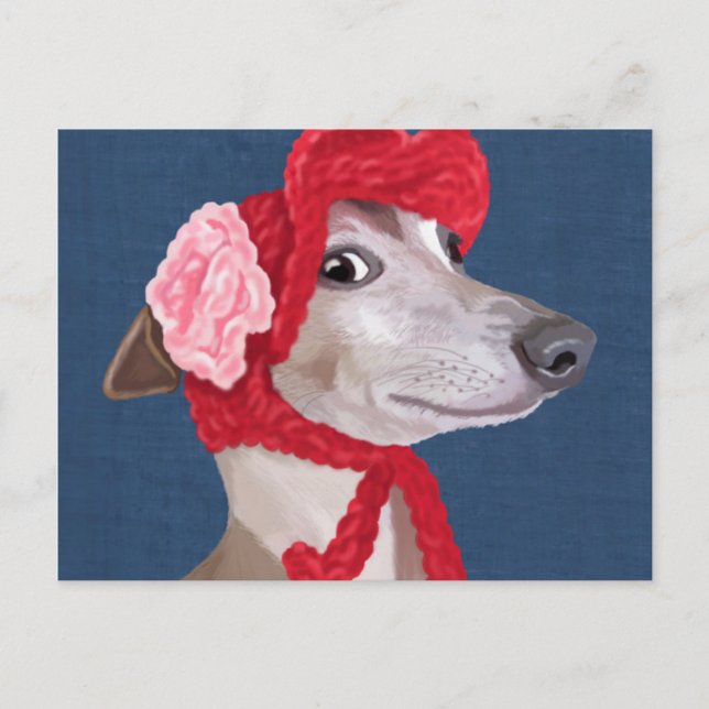 Greyhound med Red Wooly Hat Vykort (Framsida)