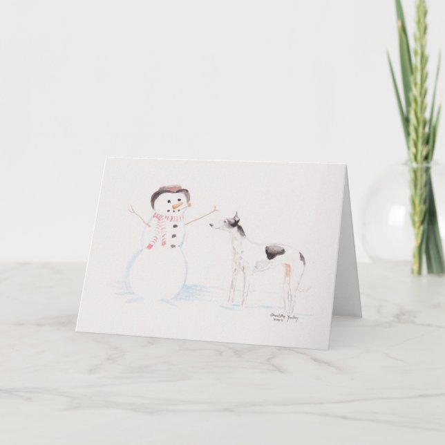 Greyhound möter Snögubbe Hund Art-hälsningskort Kort (Framsida)