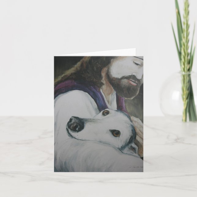 Greyhound och Jesus Original Hund Art Note Card Kort (Framsida)